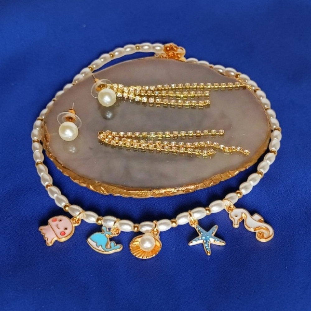 HP🎉 Seed Pearl Multi Charm Necklace Earring Set Coquette Oceancore Kawaii Glam